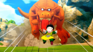 Gohan corriendo de un dinosaurio de Dragon Ball Z: Kakarot para Xbox